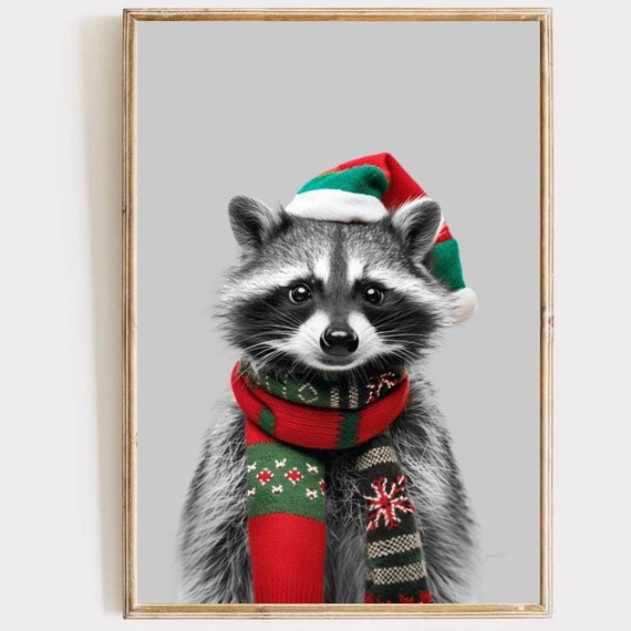 Christmas Raccoon In Santa Hat Knit Scarf Cute Holiday Animal Print