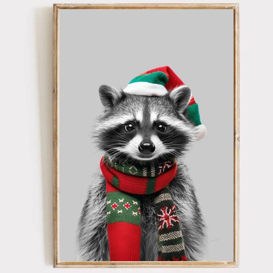 Christmas Raccoon In Santa Hat Knit Scarf Cute Holiday Animal Print