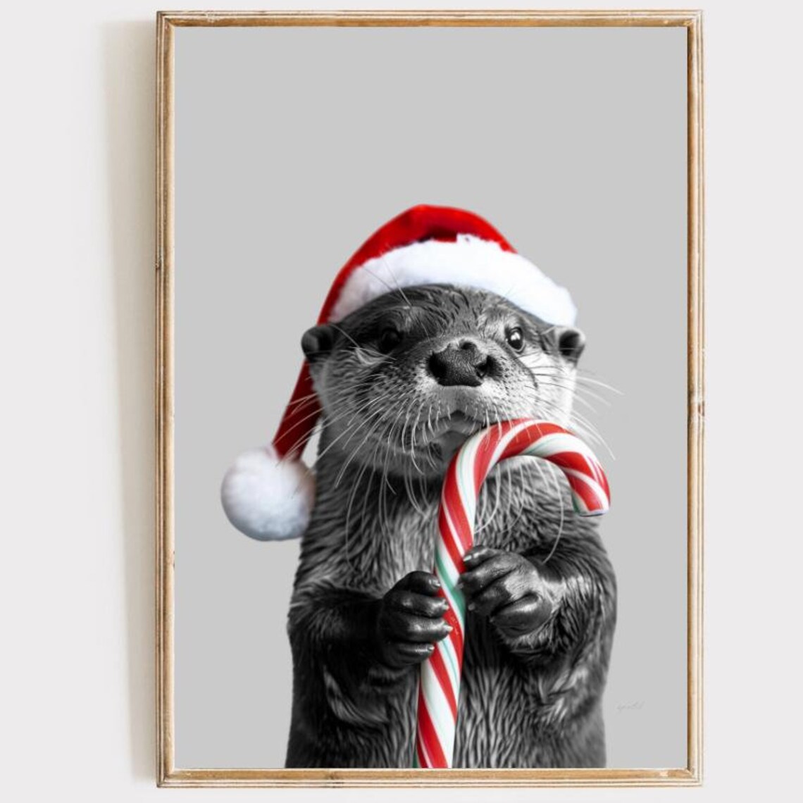 Christmas Otter Santa Hat Candy Cane Cute Holiday Animal Poster