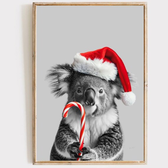 Christmas Koala In Santa Hat Holding Candy Cane Portrait Wall Art