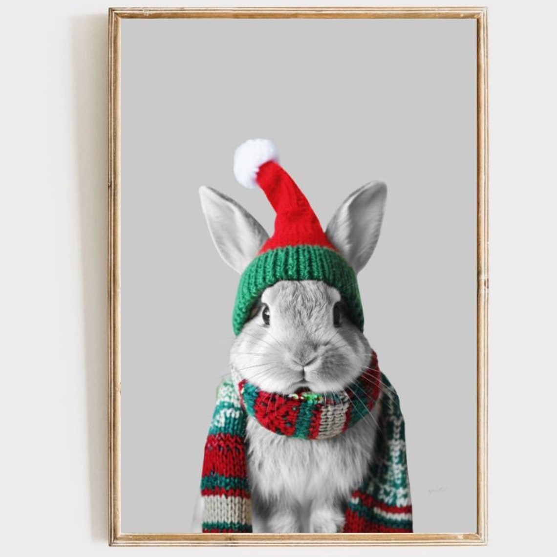 Christmas Bunny Portrait in Santa Hat and Knitted Scarf Wall Poster