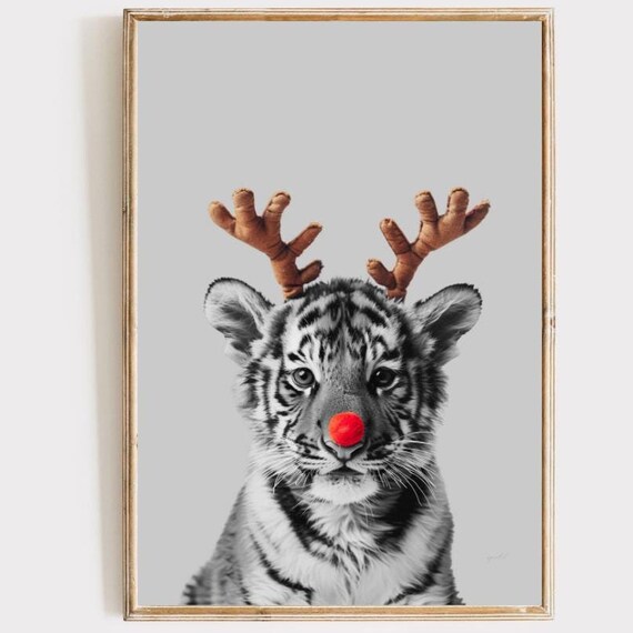 Christmas Tiger Cub Reindeer Antlers Red Nose Holiday Poster