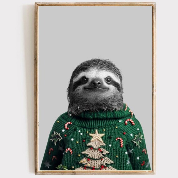 Christmas Sloth Portrait in Green Holiday Sweater Festive Wall Poster