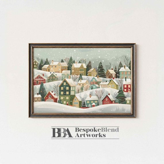 Vintage Christmas Village Snowy Town Scandinavian Holiday Art Poster