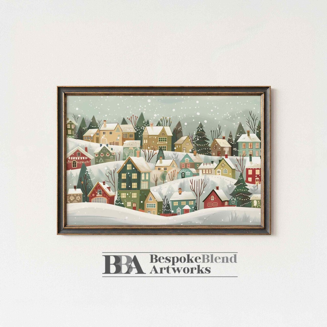 Vintage Christmas Village Snowy Town Scandinavian Holiday Art Poster