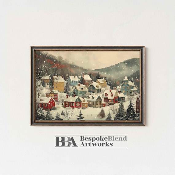 Nostalgic Snowy Village Winter Houses Holiday Town Painting Wall Art