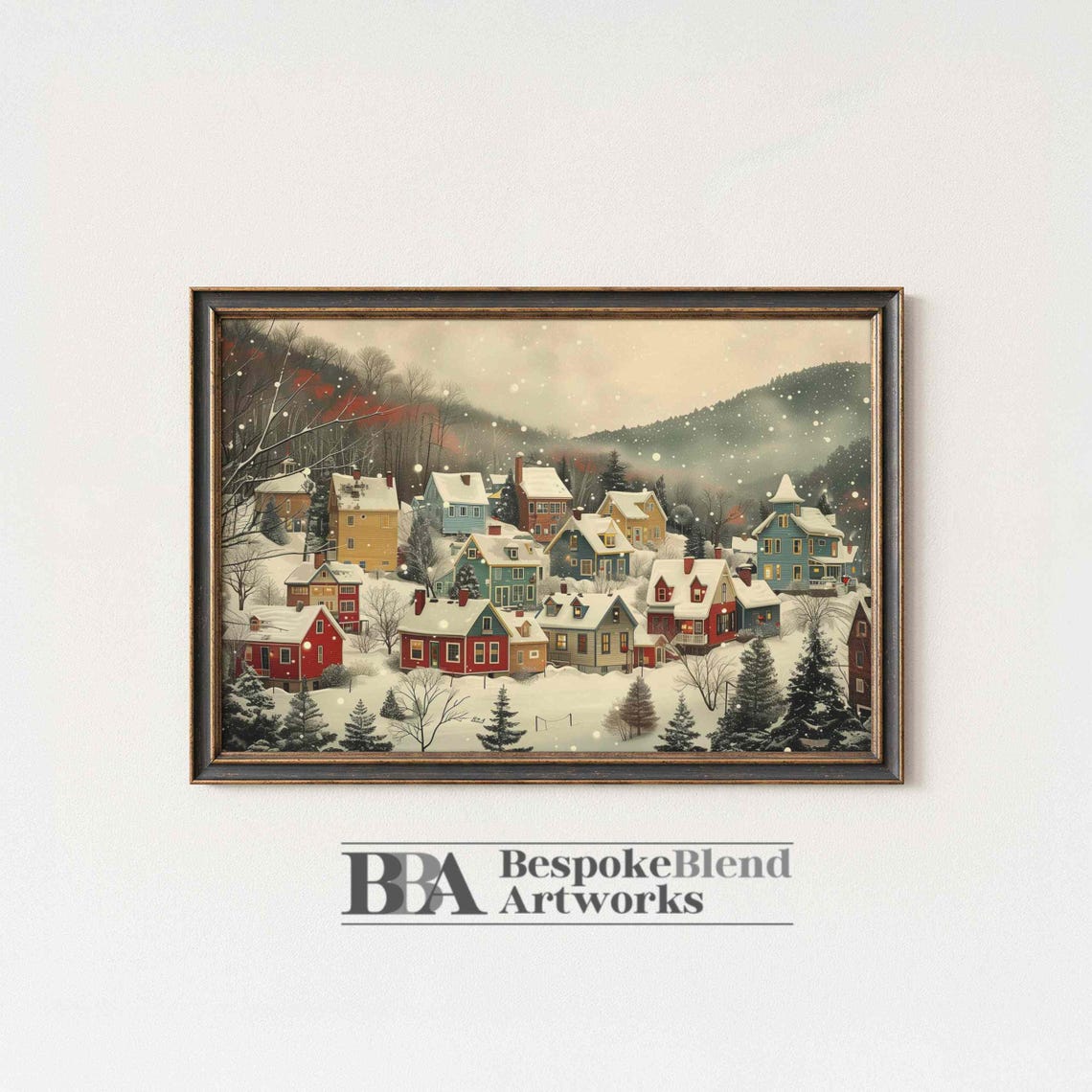 Cozy Snowy Mountain Village Christmas Scene Winter Painting Wall Art