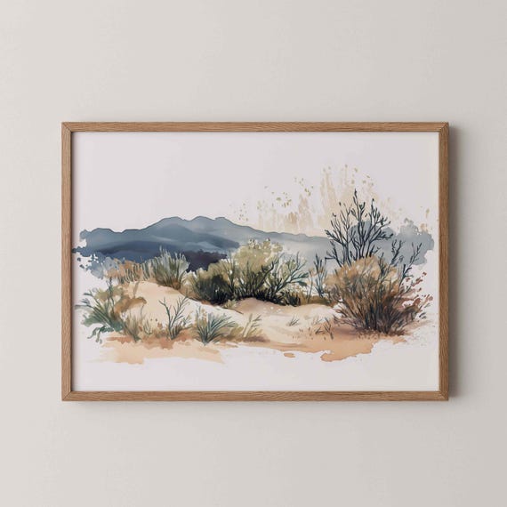 Desert Painting Watercolor Landscape Wall Art Vintage Decor Misty Mountains Artwork Boho Neutral Home Print