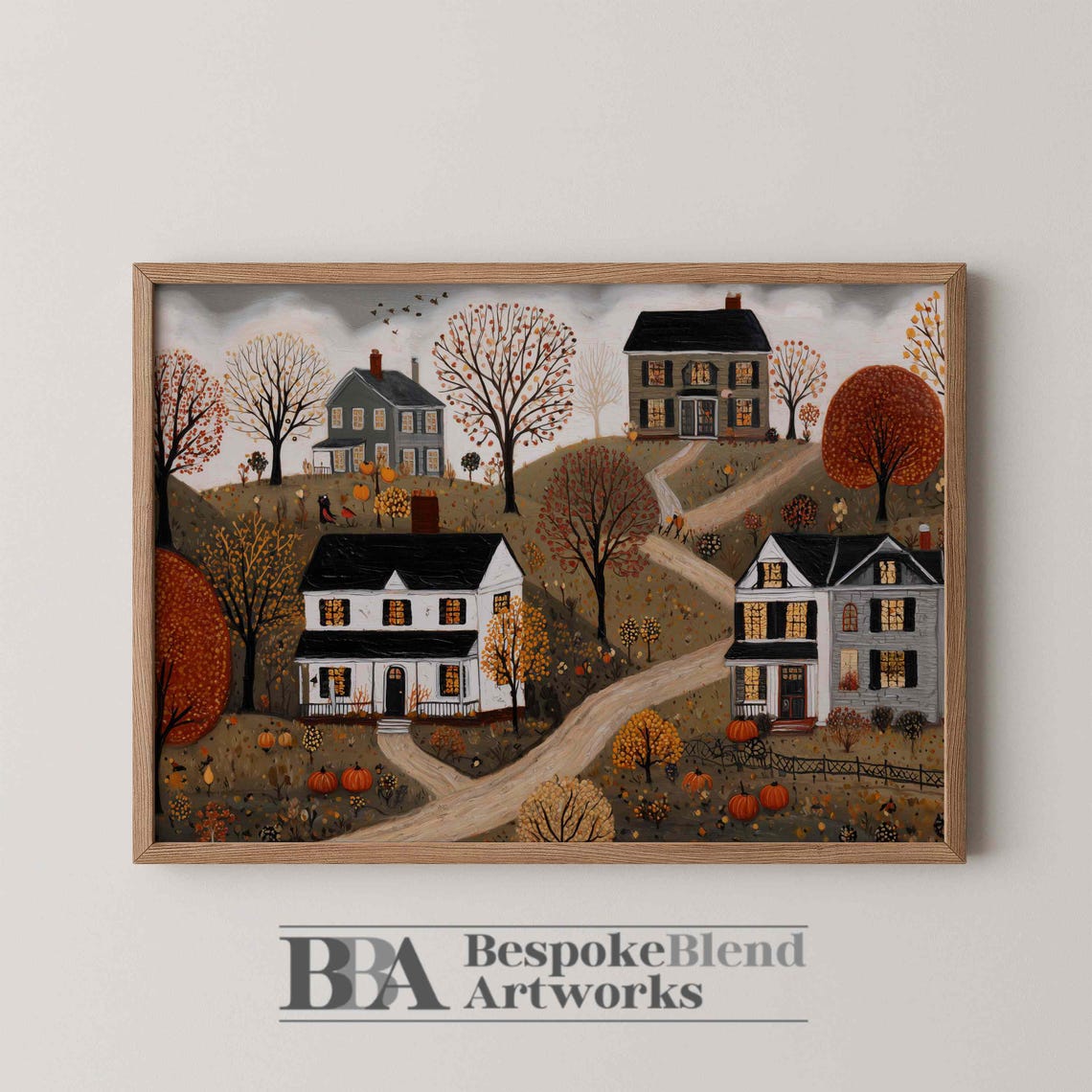 Charming Folk Art Autumn Village Harvest Pumpkins And Farmhouses Print