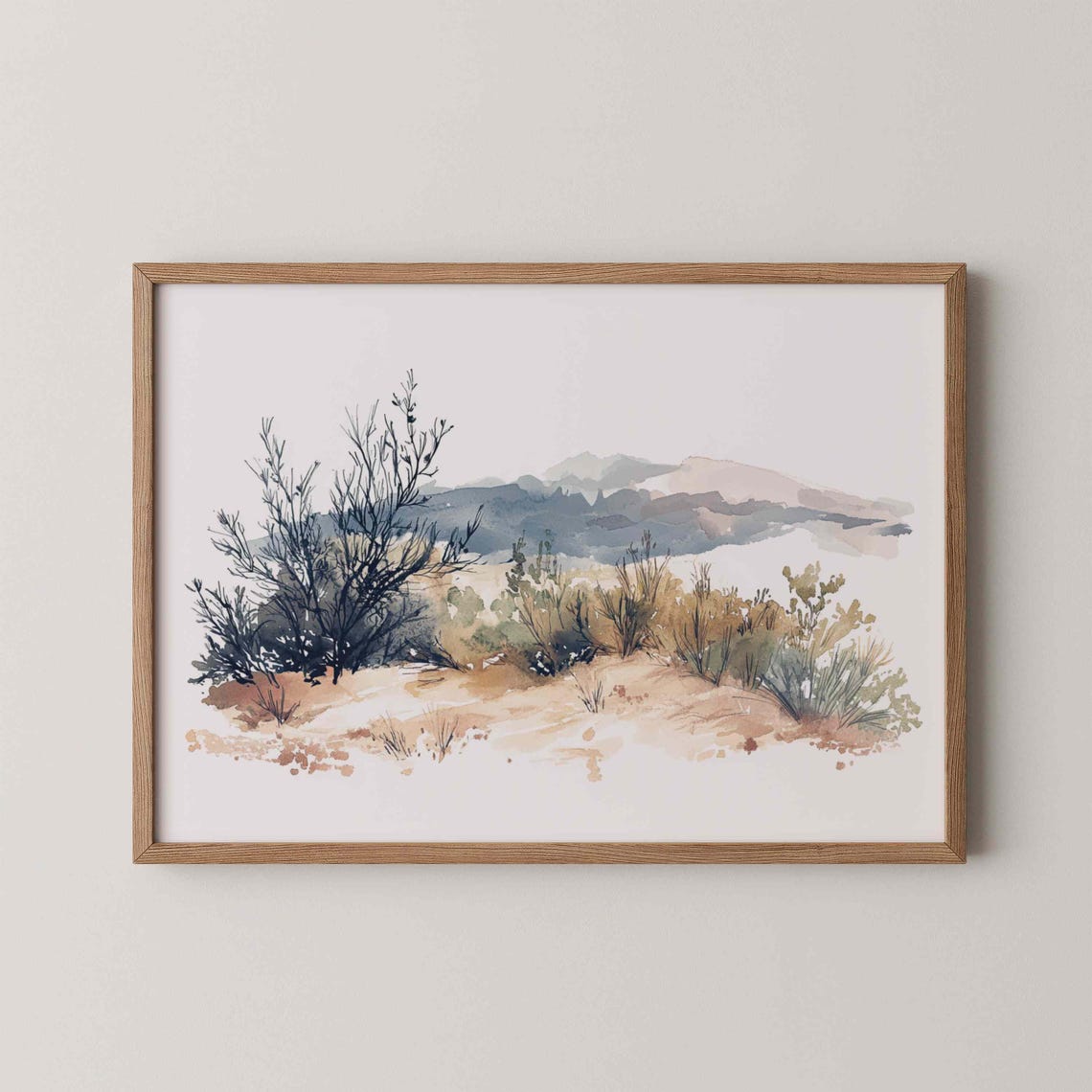 Desert Brush Watercolor Sandy Wash Blue Mountains Landscape Poster