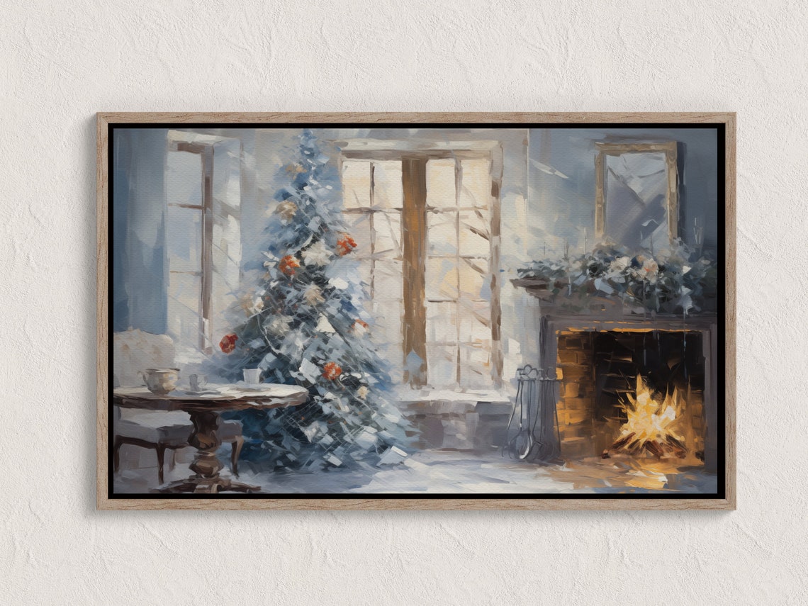 Snowy Blue Christmas Tree Fireplace Winter Morning Cozy Room Poster
