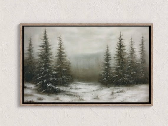 Vintage Winter Pine Forest Print Rustic Snowy Landscape Painting Antique Evergreen Decor Farmhouse Wall Art