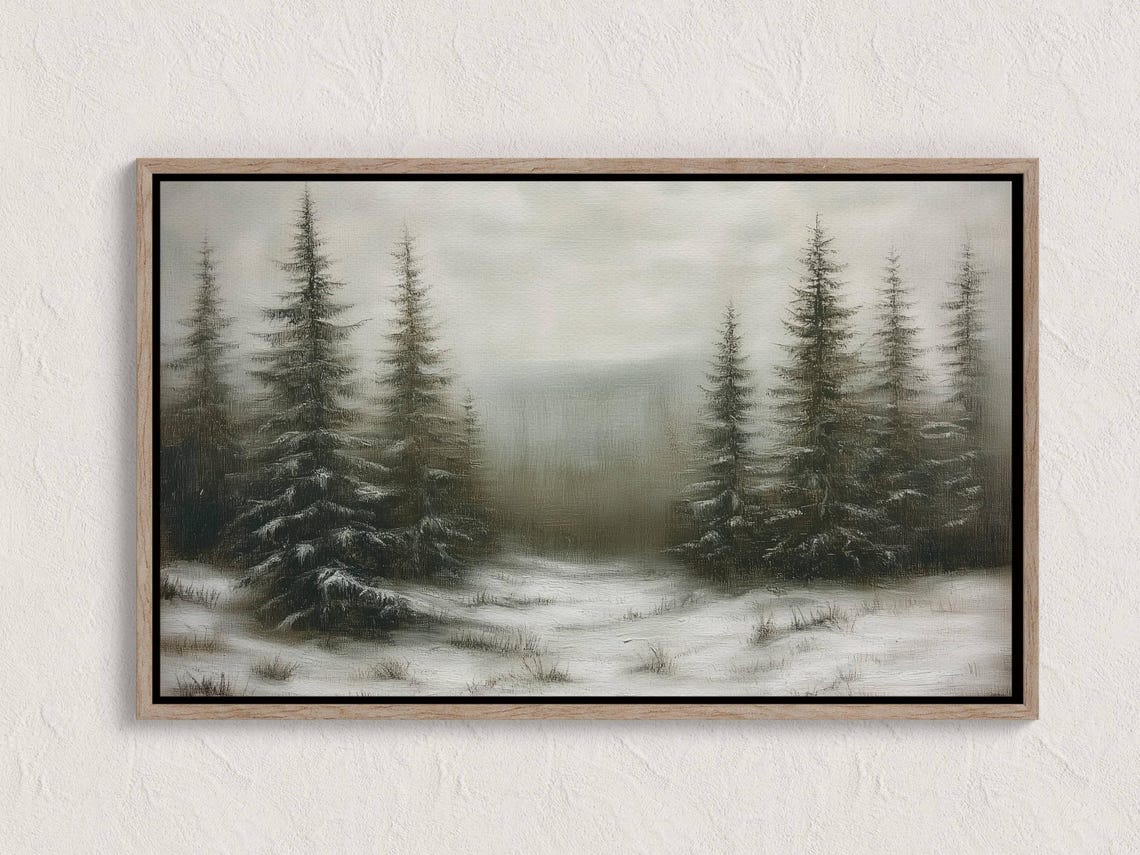 Vintage Winter Pine Forest Snowy Evergreen Farmhouse Landscape Poster