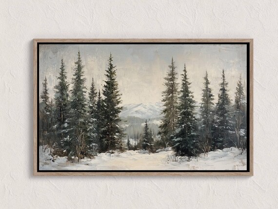 Snowy Evergreen Winter Forest Christmas Woodland Painting Wall Art