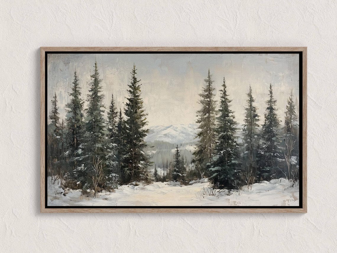 Snowy Evergreen Winter Forest Christmas Woodland Painting Wall Art
