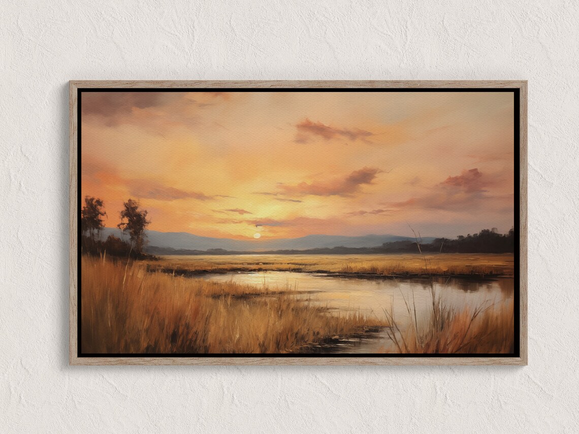 Golden Sunset Wetland Marsh Landscape Oil Painting Warm Glow Poster