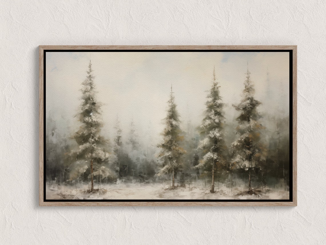 Misty Winter Forest Snowy Pine Trees Oil Painting Landscape Poster