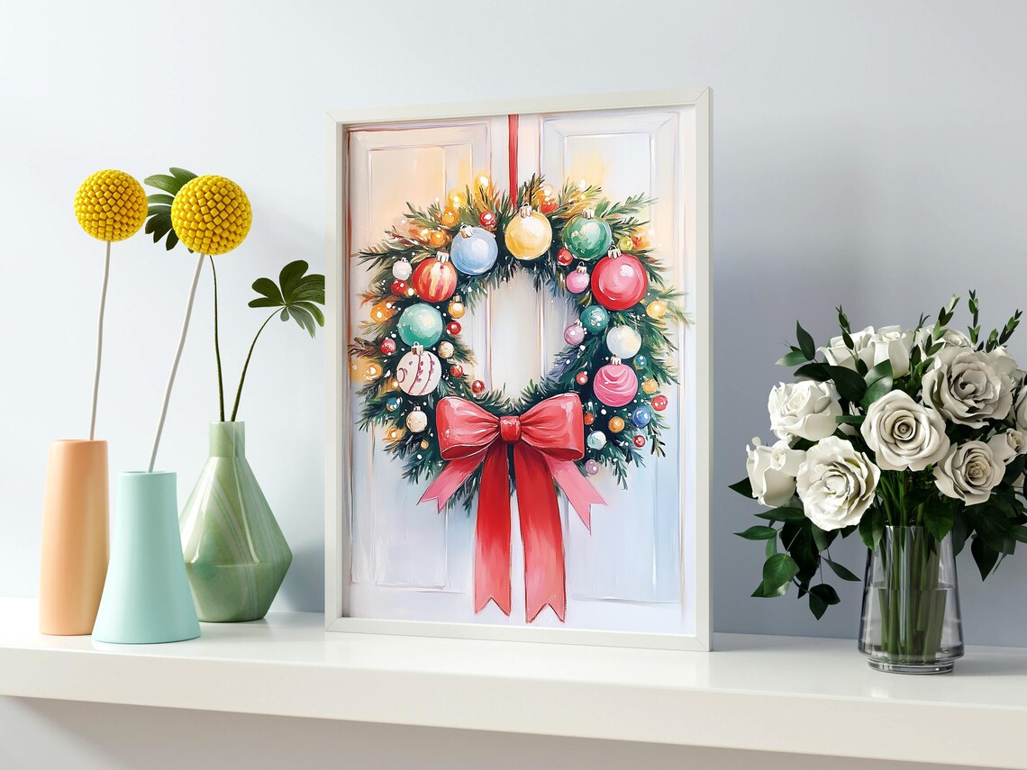 Christmas Wreath Colorful Ornaments Red Bow Festive Door Poster - Image 2