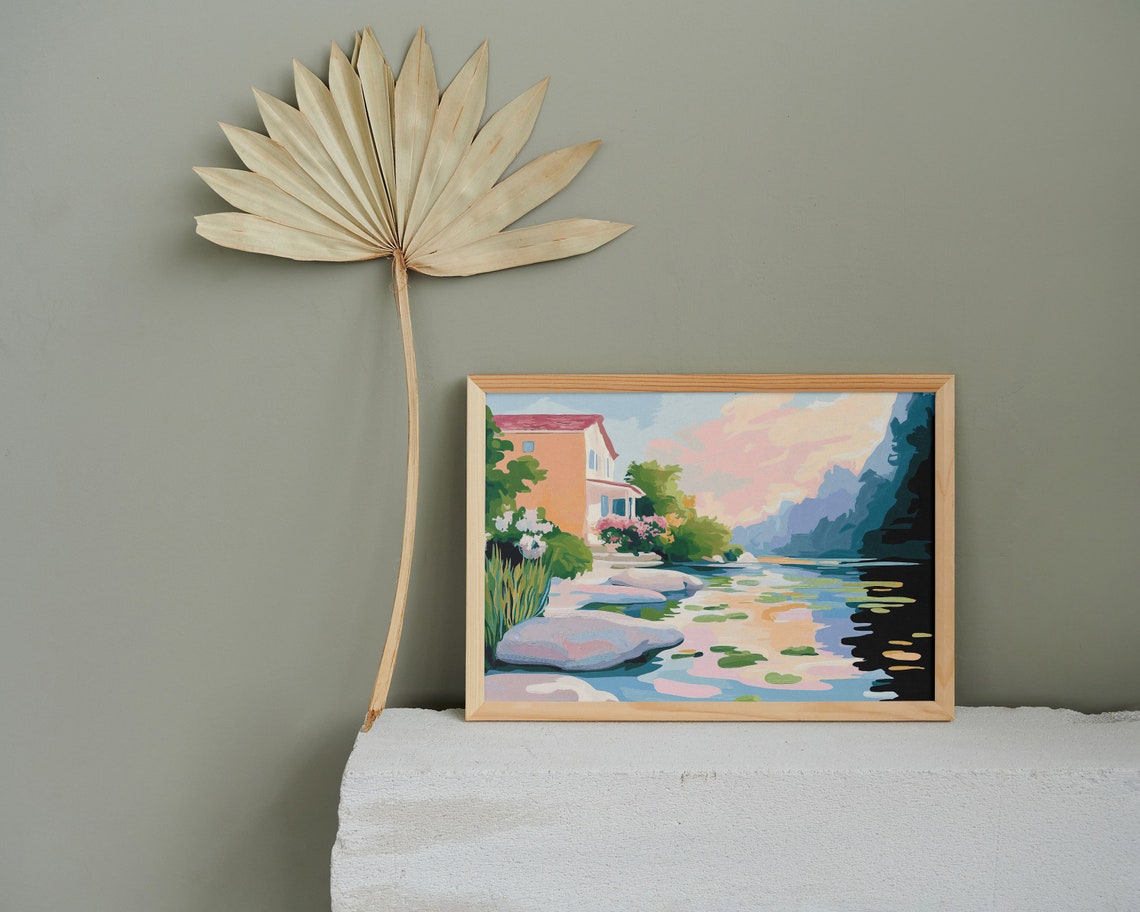 Lakeside House With Lily Pads Stepping Stones Peaceful Art Poster - Image 3
