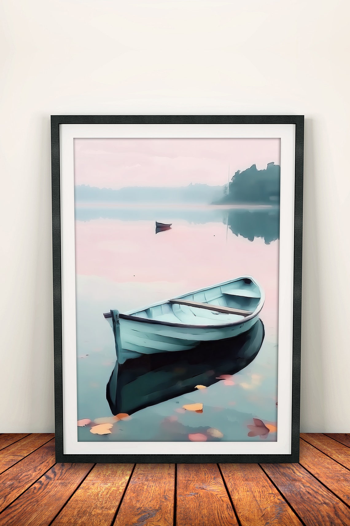 Wooden Rowboat Drifting on Blush Pink Sunset Water Pastel Art Poster - Image 2