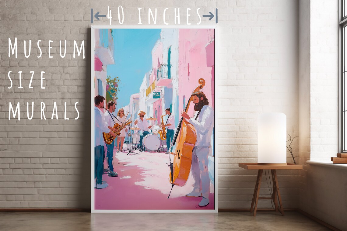 Jazz Street Band with Double Bass Live Music Pastel Art Wall Poster Print - Image 5