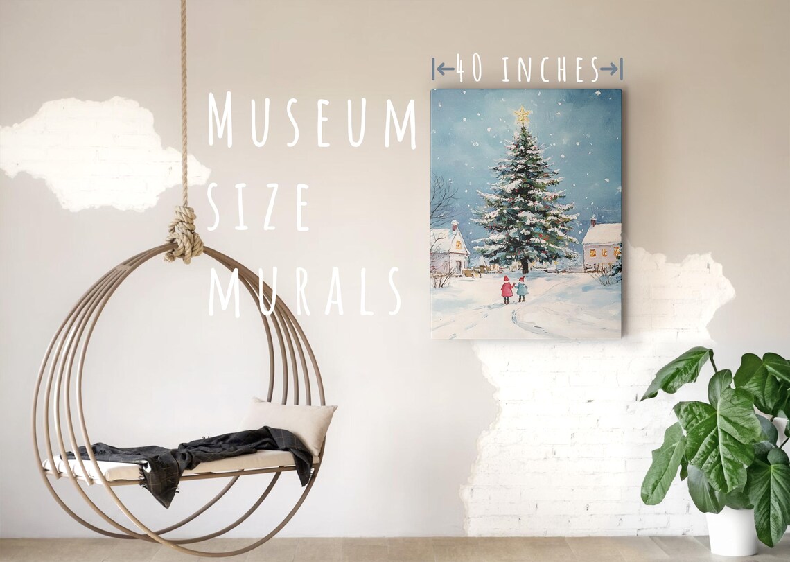 Snowy Christmas Village Night Big Tree Two Kids Winter Art Print - Image 5