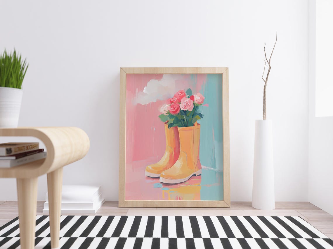 Yellow Rain Boots With Roses Rainy Day Pastel Wall Art Print - Image 4