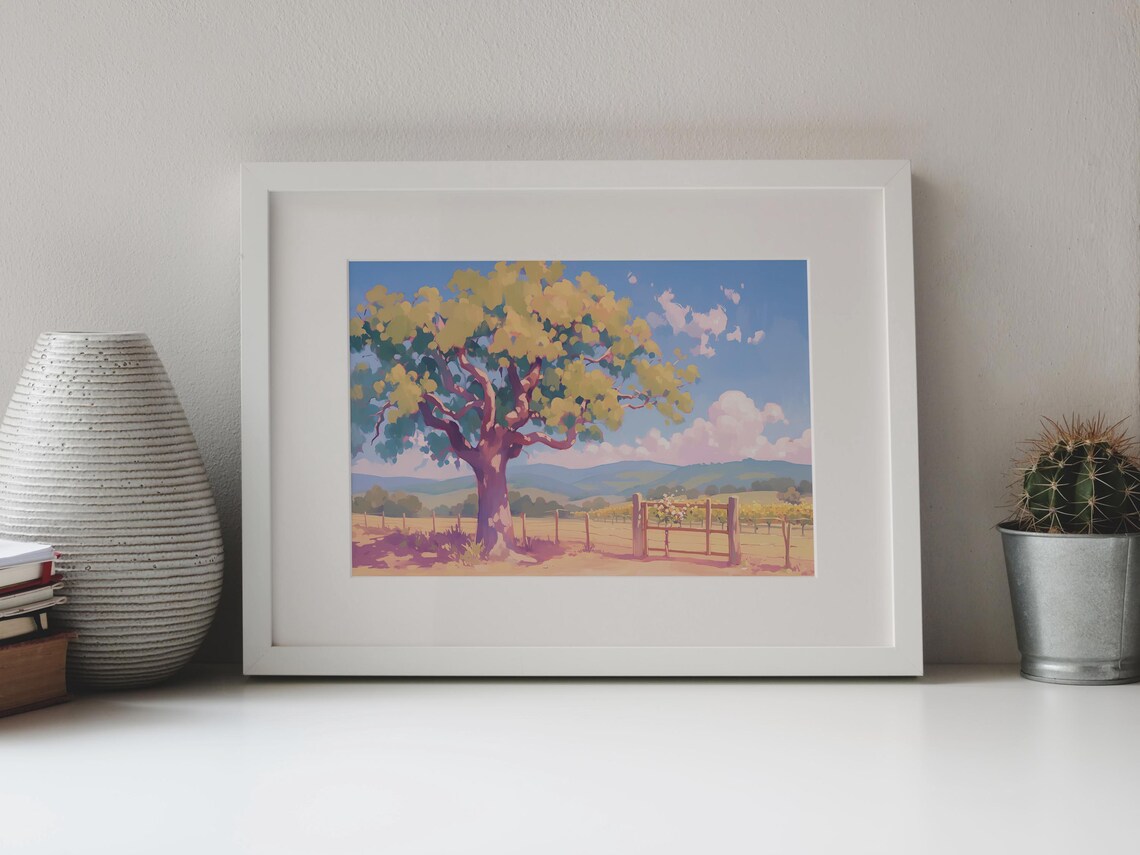 Spreading Tree Golden Meadow Wooden Fence Rolling Hills Art Poster - Image 4