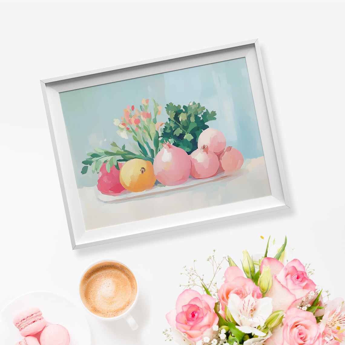 Pink Onions Lemon Herbs Flowers Fresh Produce Still Life Poster - Image 5