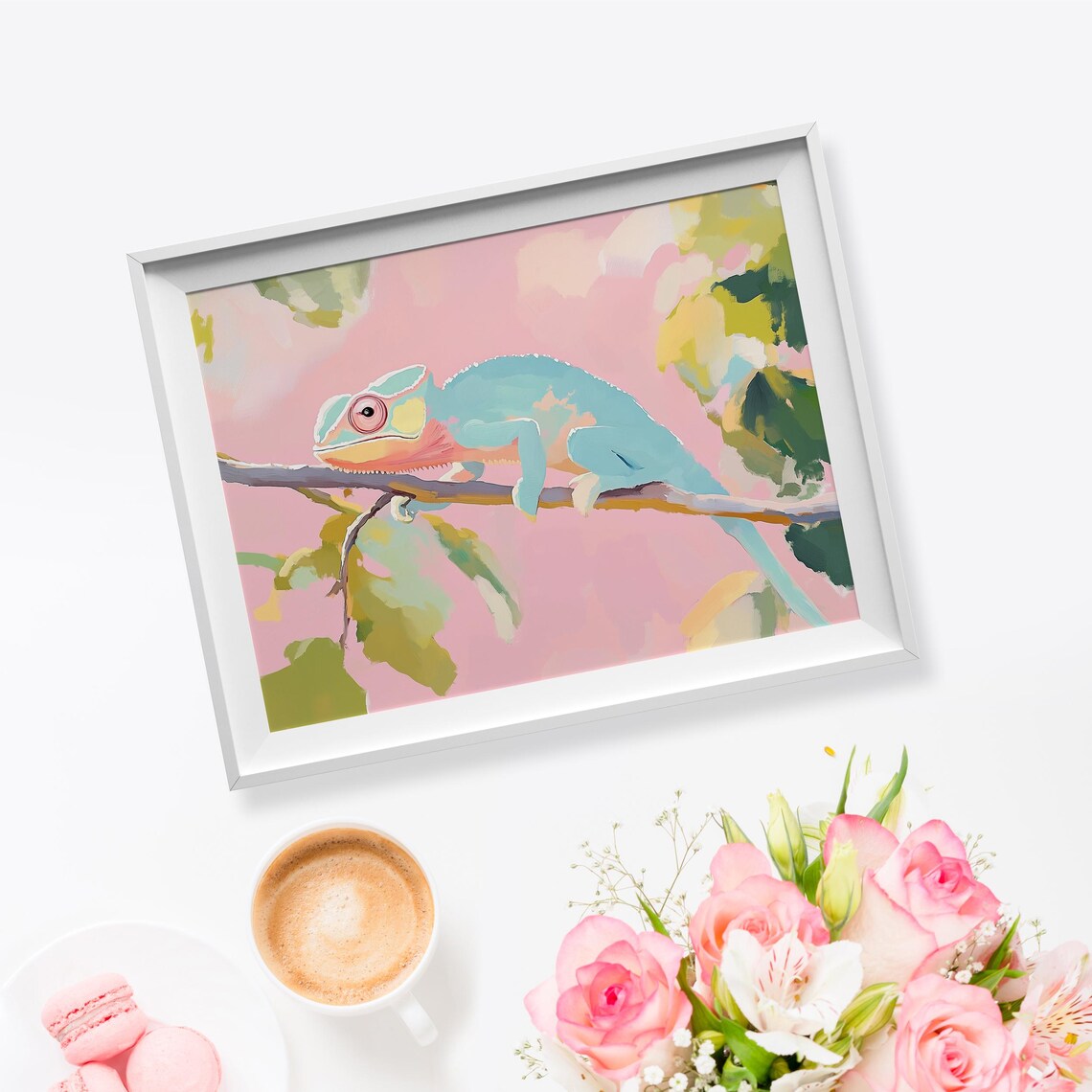 Blue Pink Chameleon Branch Pastel Reptile Portrait Wildlife Poster - Image 5