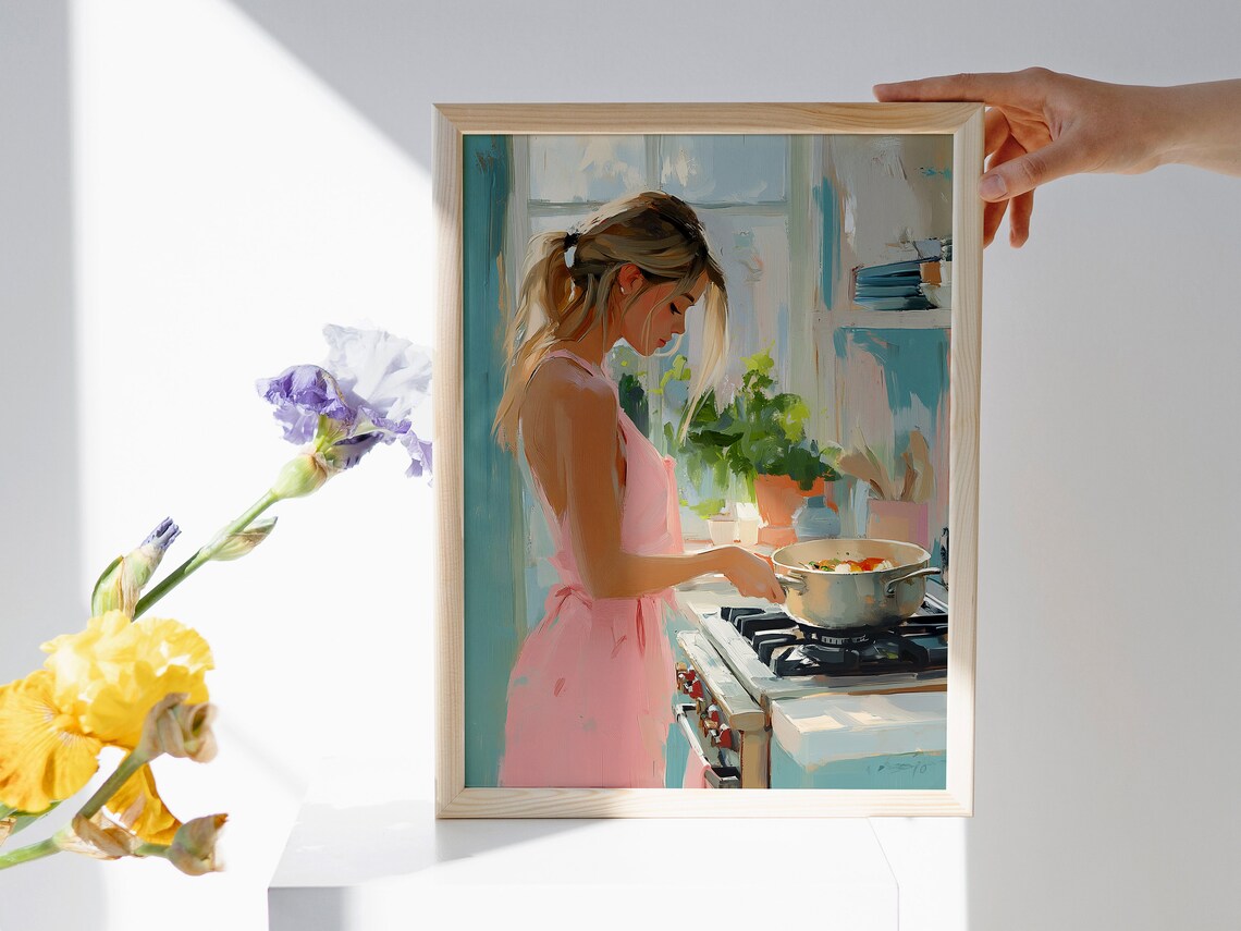 Woman Cooking in Sunny Pastel Kitchen Retro Cooking Art Poster - Image 4
