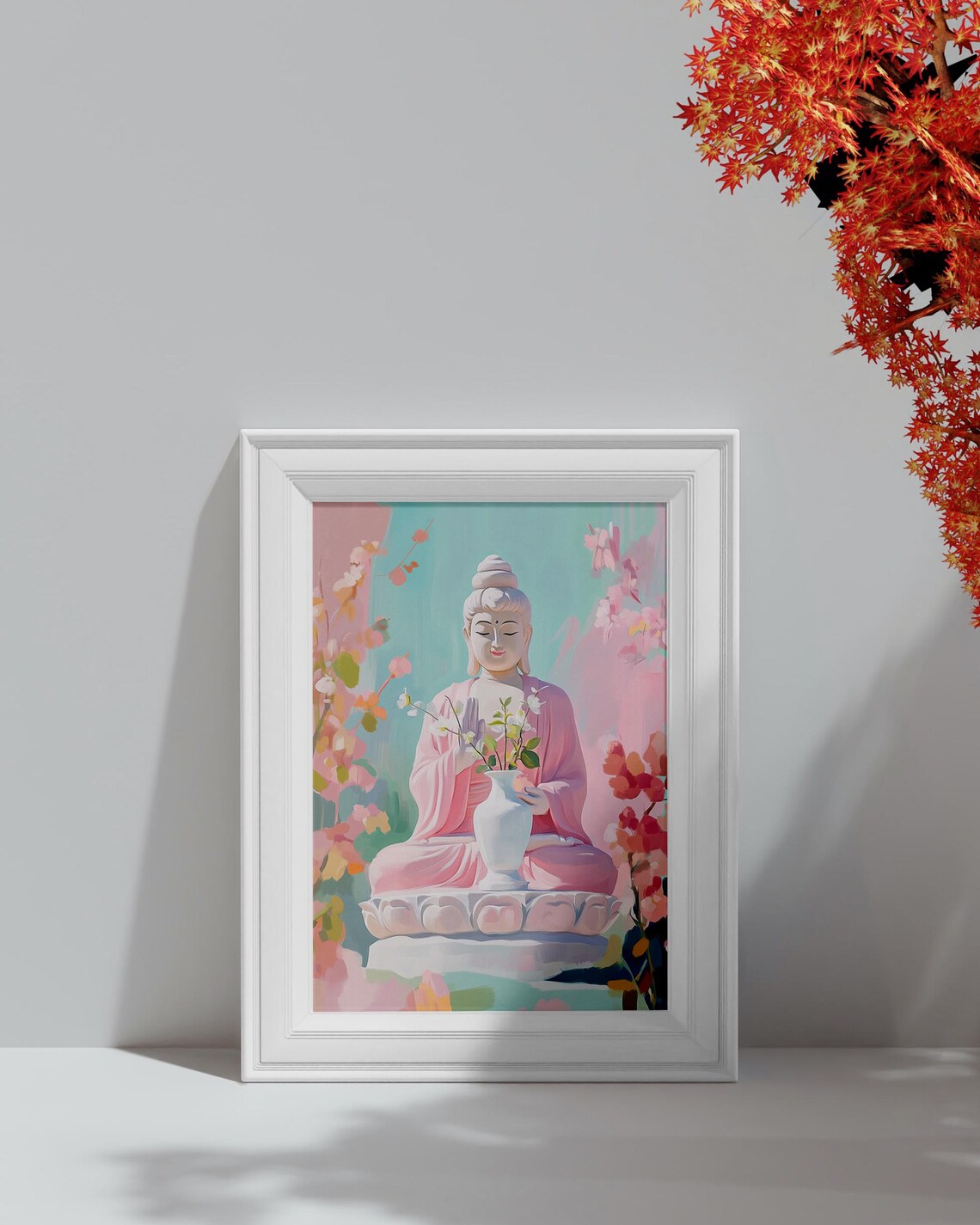 Serene Guanyin Buddha Statue With White Vase Pastel Zen Painting Wall Art - Image 4