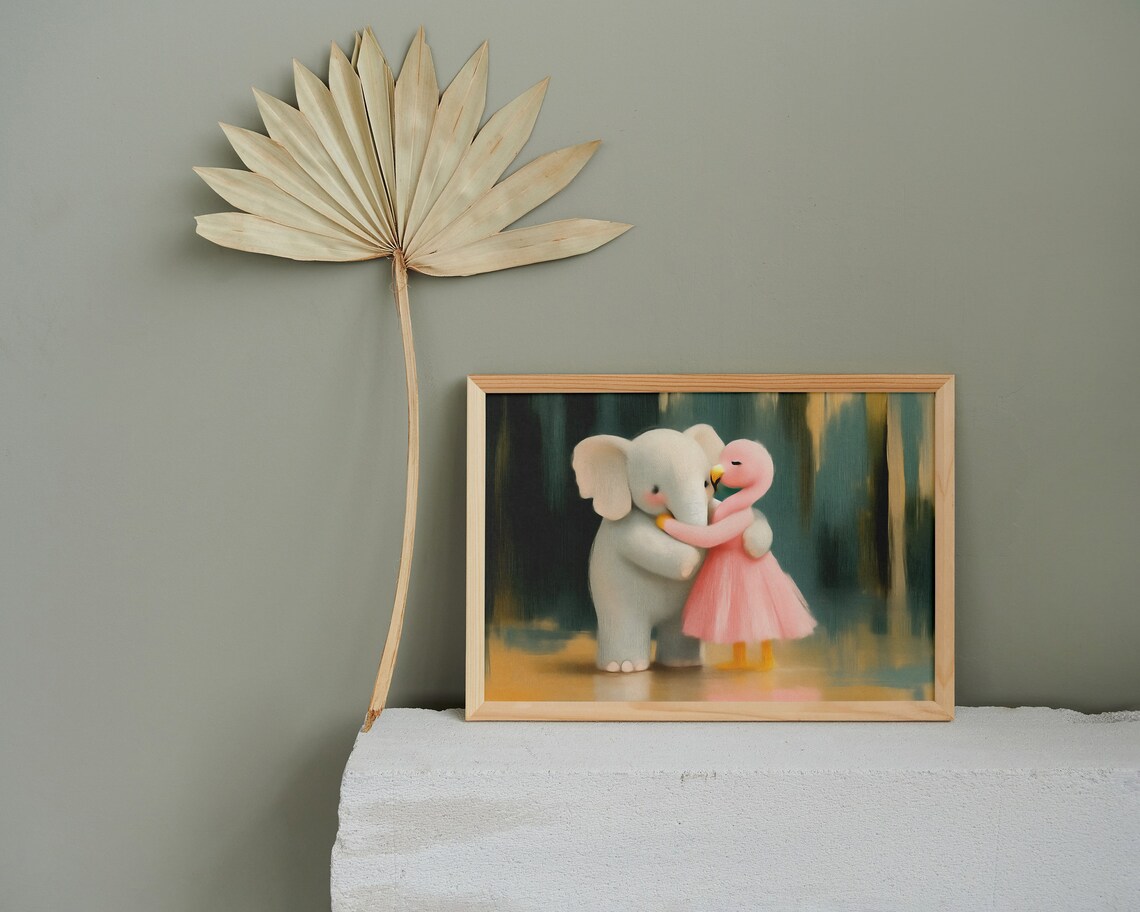 Sweet Baby Elephant Hugging Pink Flamingo Nursery Art Poster - Image 5