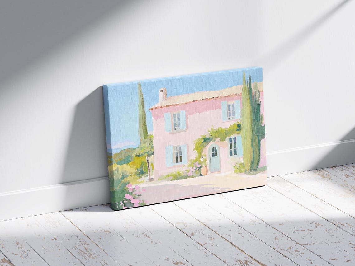 Pink Mediterranean Villa Blue Shutters Cypress Trees Pastel Art Poster - Image 2