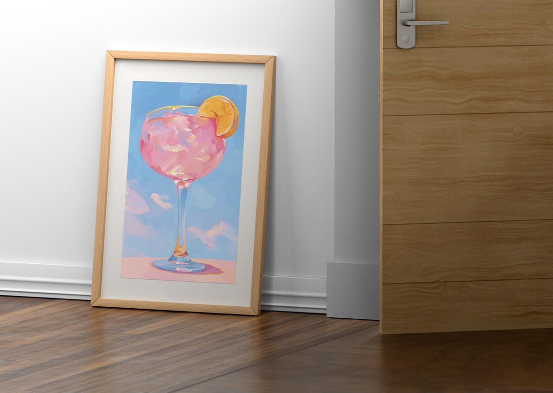 Pink Cocktail Balloon Glass Lemon Slice Bright Blue Sky Summer Drink Wall Art - Image 2