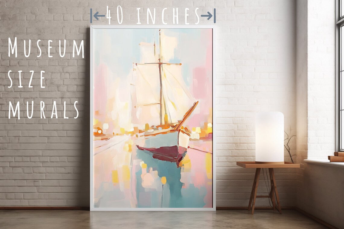 Sailboat in a Soft Pink Harbor Morning Haze Nautical Wall Art Poster Print - Image 5