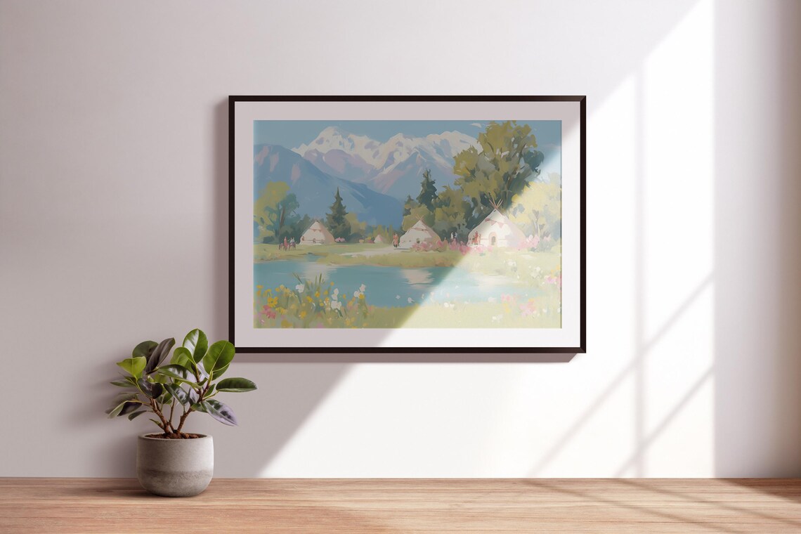 Mountain Lake With White Tents Snow Peaks And Wildflowers Print - Image 3