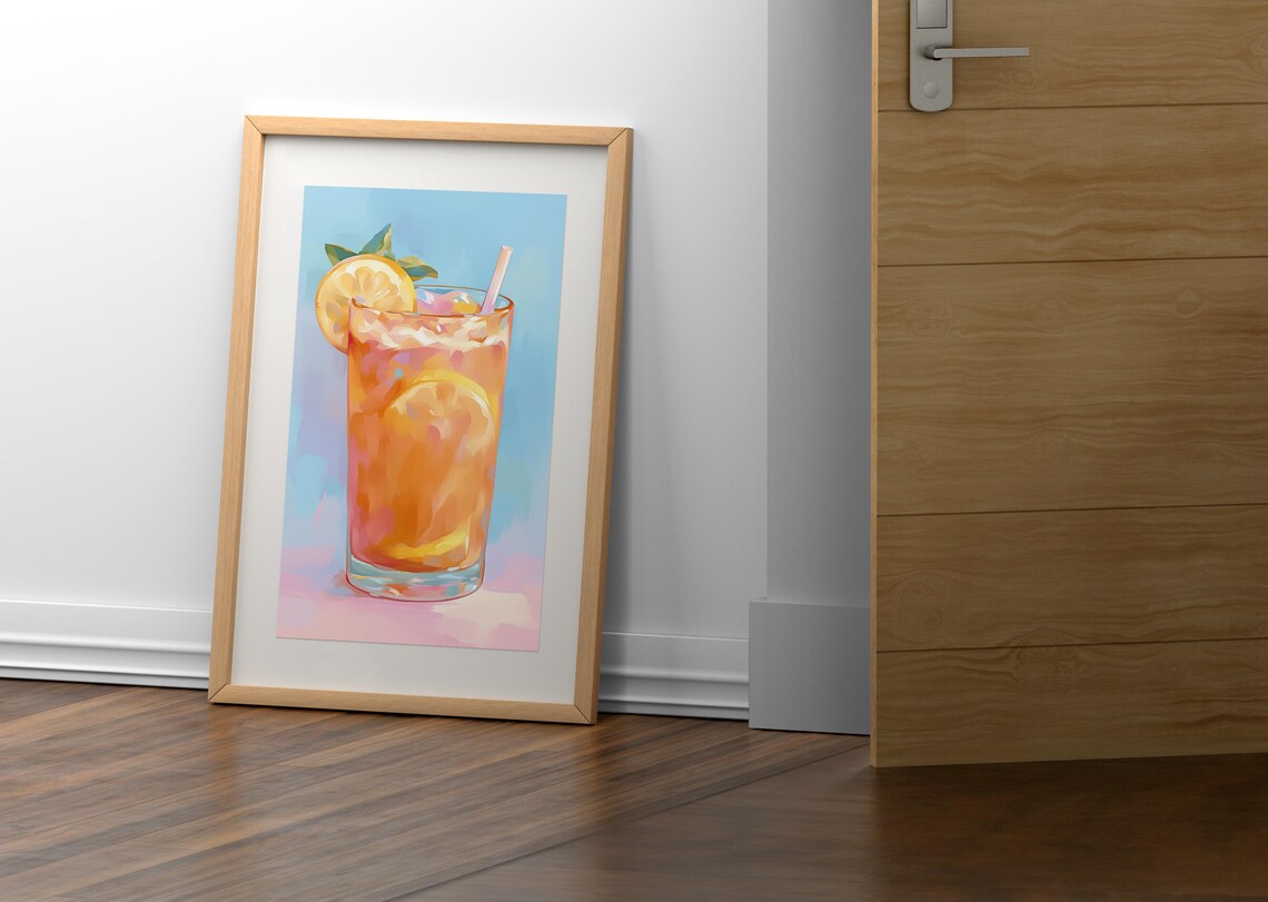 Iced Lemon Tea Tall Glass Mint Straw Refreshing Summer Drink Pastel Wall Art - Image 2