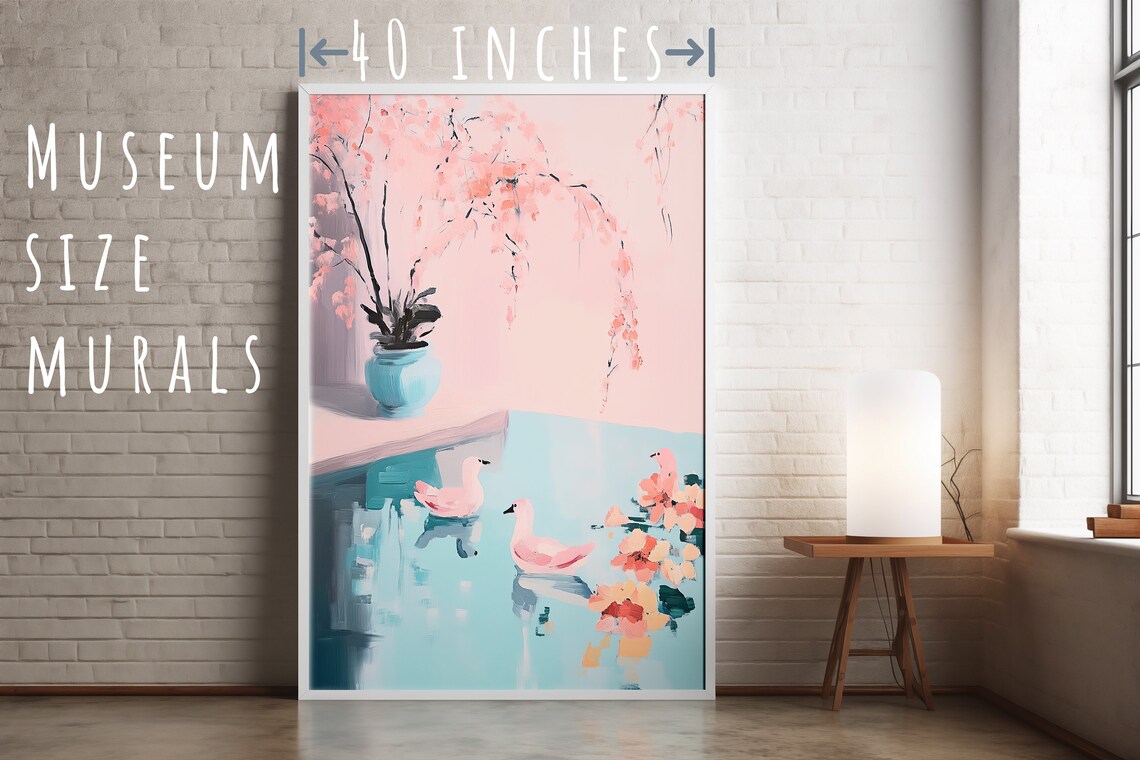 Pink Ducks Swimming in Turquoise Pond Chinoiserie Pastel Wall Poster - Image 5