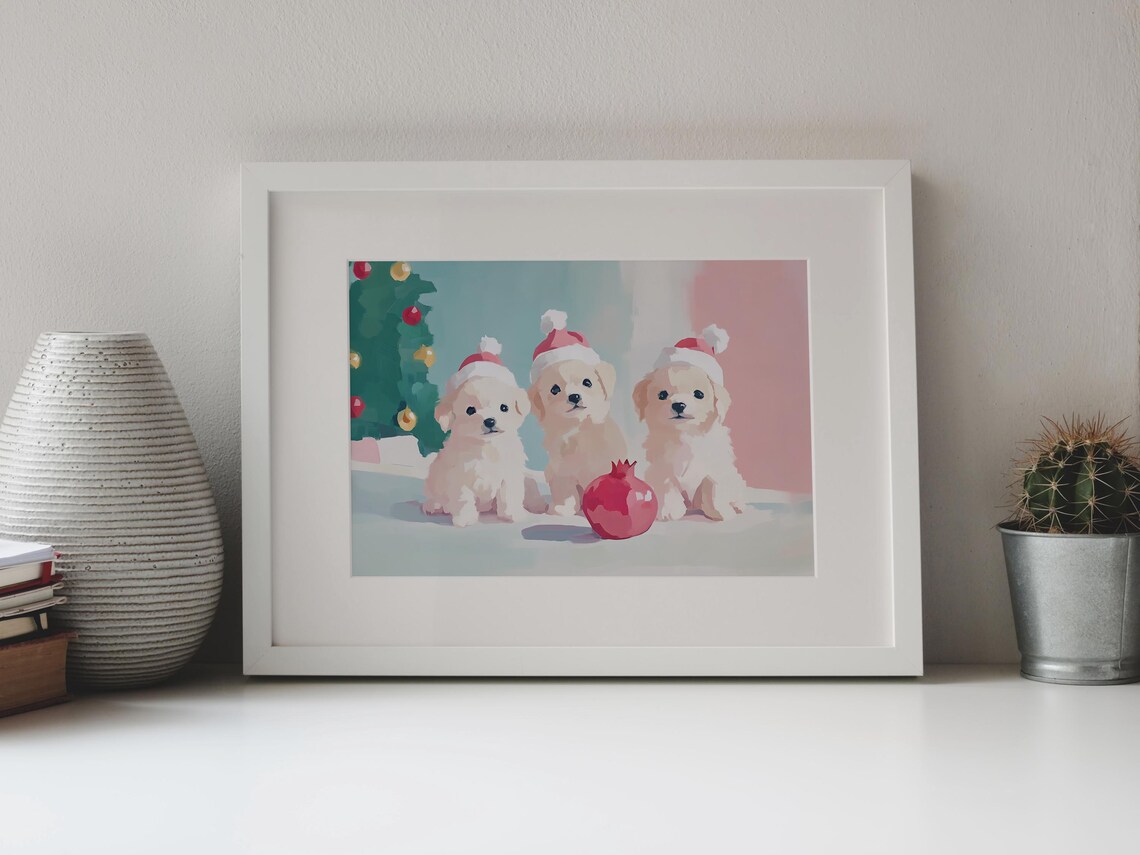 Three White Puppies Pink Santa Hats Christmas Tree Holiday Wall Art - Image 3