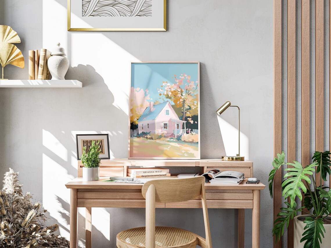 Pink Cottage With Blue Roof Cherry Blossoms Pastel Wall Art Print - Image 2