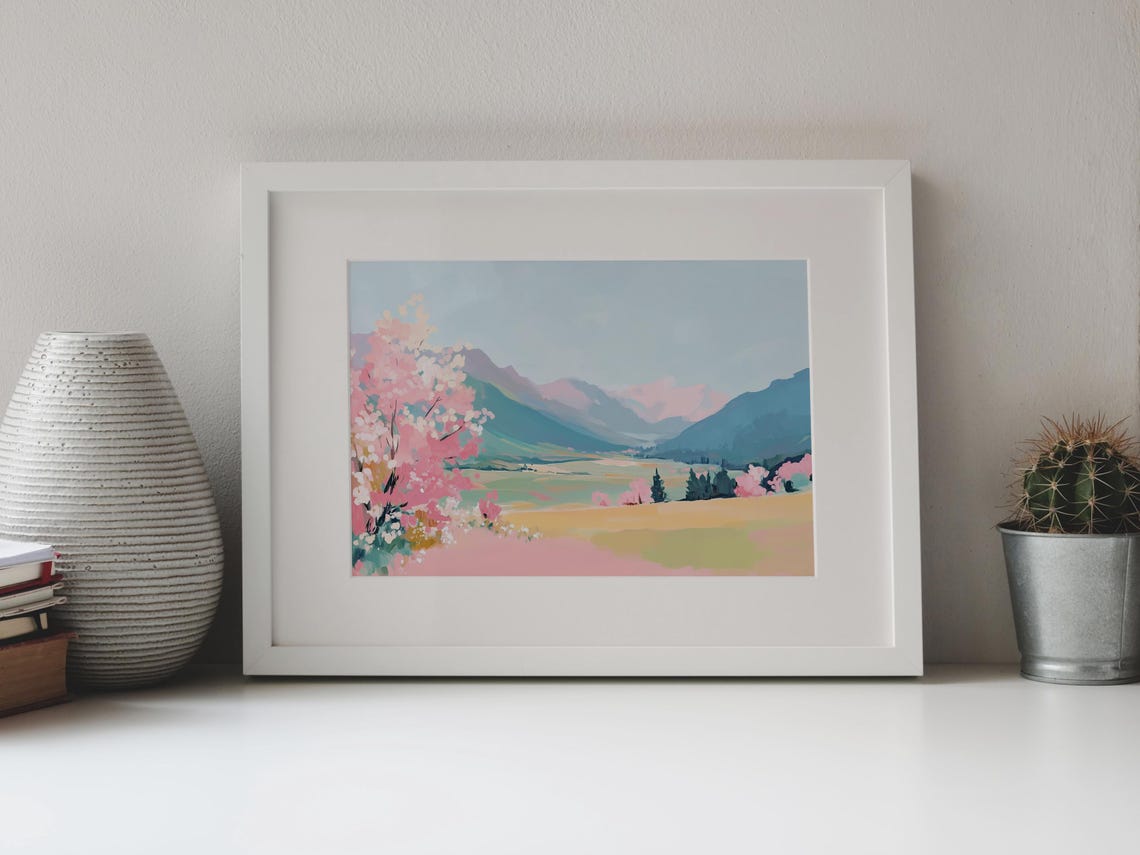 Spring Mountain Valley With Pink Blossom Trees Pastel Landscape Poster - Image 4