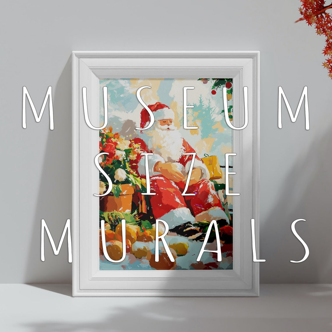 Santa Claus Sitting Gifts Poinsettia Impressionist Christmas Poster - Image 3