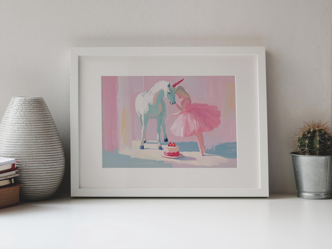 Ballerina Girl Unicorn Pink Tutu Birthday Cake Nursery Art Print - Image 4