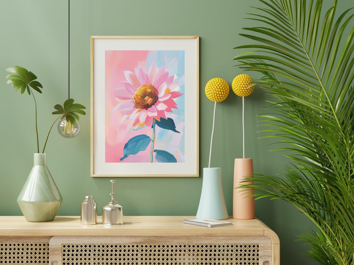 Pink Sunflower Single Bloom Teal Leaves Pastel Floral Art Poster - Image 2