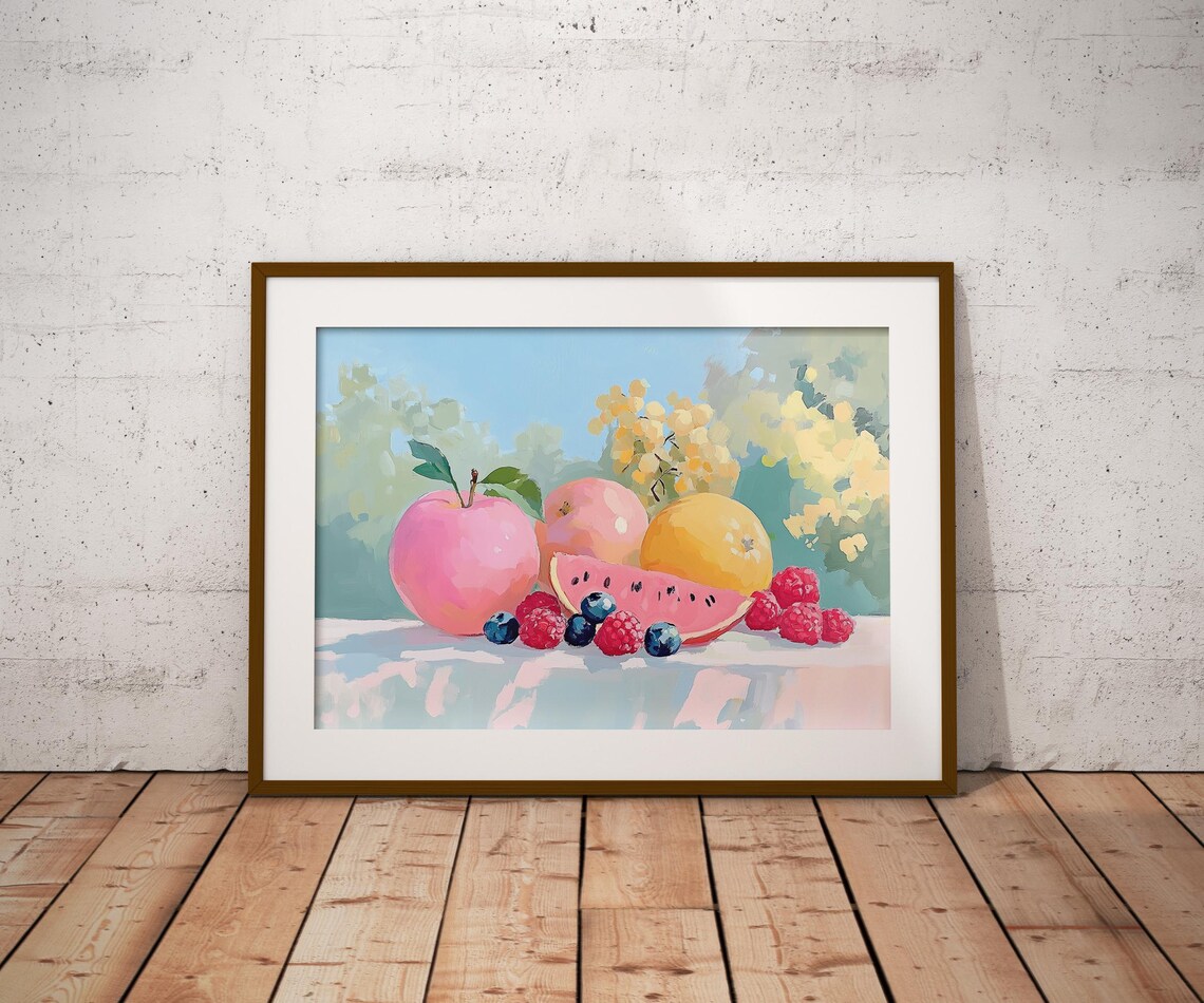 Pink Apples Lemon Watermelon Berries Floral Still Life Art Print - Image 2