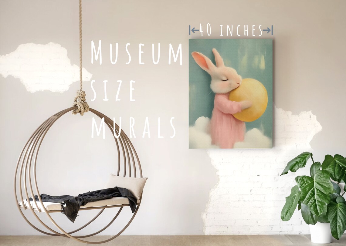 Cute White Bunny Hugging Yellow Ball Soft Pastel Nursery Art Poster - Image 5