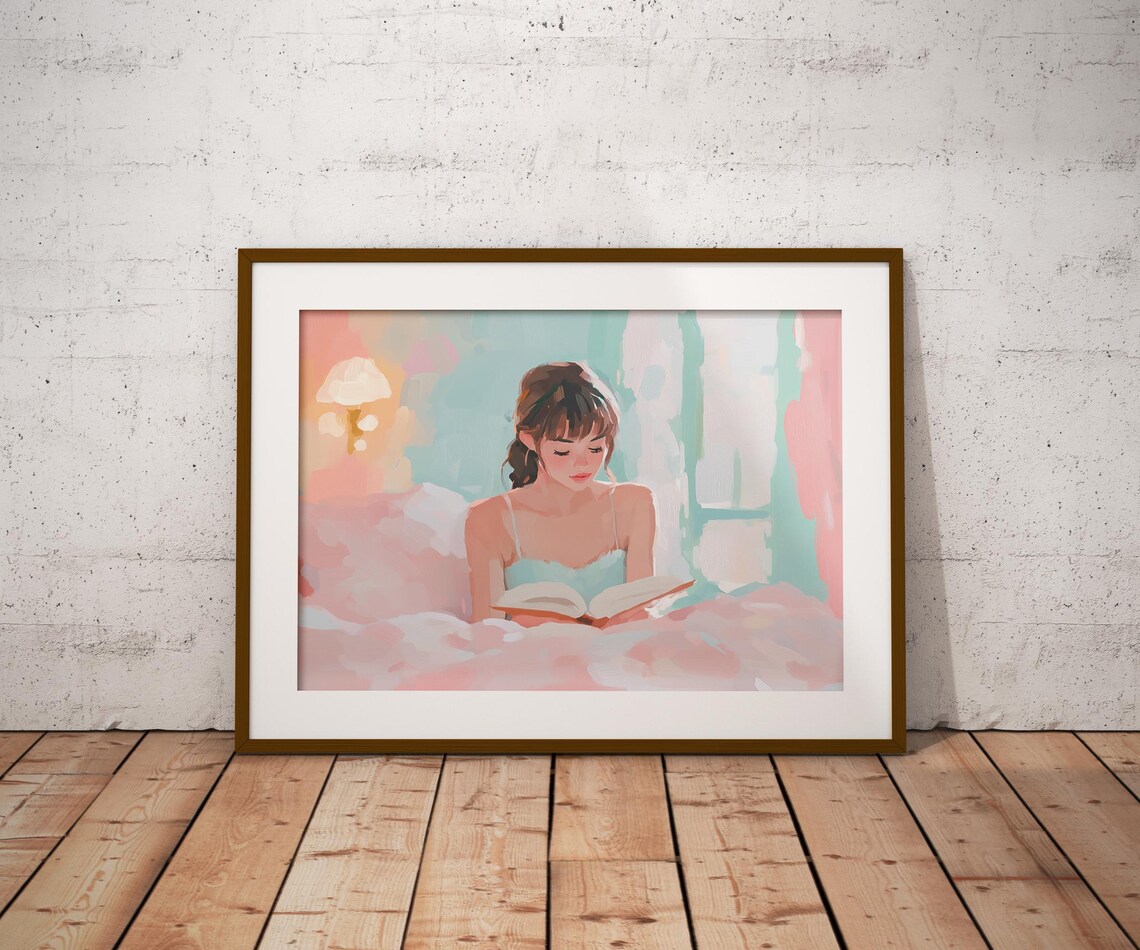 Soft Pastel Woman Reading Book In Bed Pink Teal Cozy Art Poster - Image 2