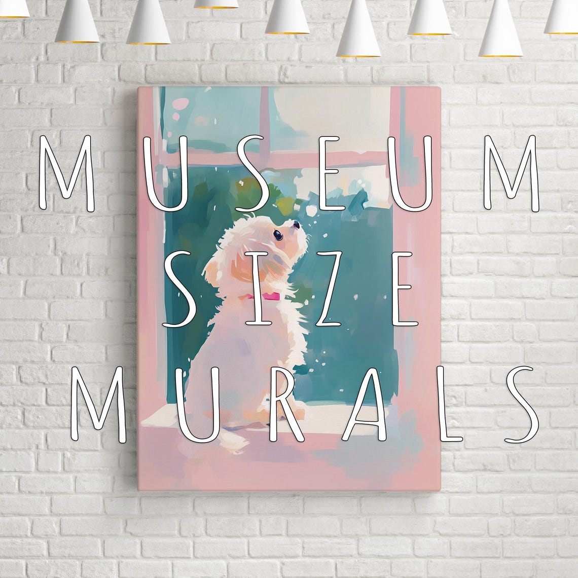 White Fluffy Puppy Looking Out A Pink Window Sunny Day Art Poster - Image 3