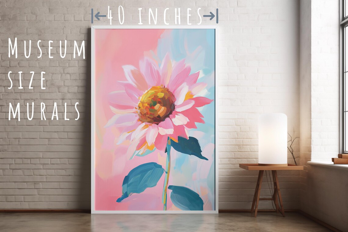 Pink Sunflower Single Bloom Teal Leaves Pastel Floral Art Poster - Image 5